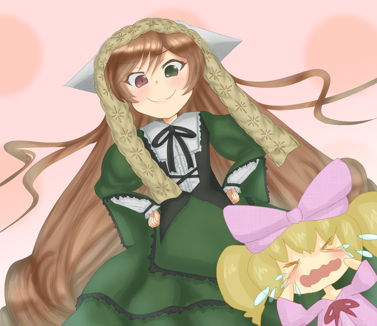 2girls >_< blonde_hair blush brown_hair closed_eyes dress green_dress green_eyes heterochromia hinaichigo image long_hair long_sleeves multiple_girls pair red_eyes ribbon siblings sisters smile suiseiseki tears twins twintails very_long_hair