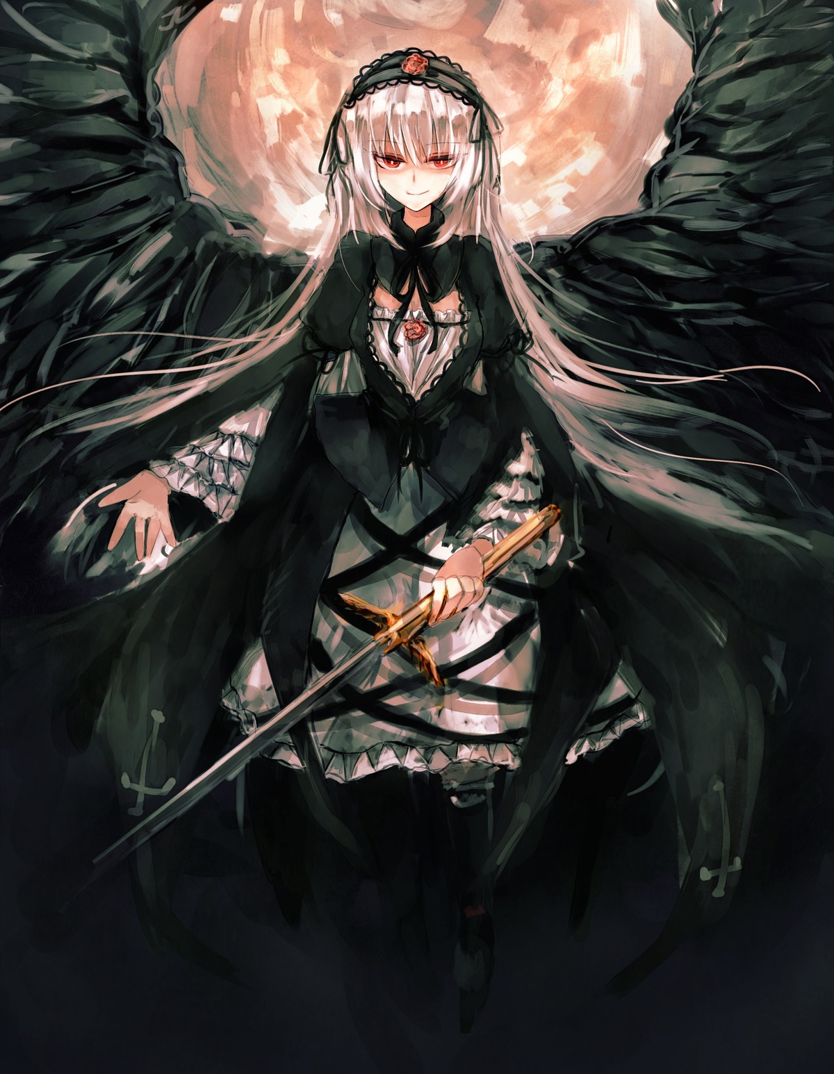 1girl black_dress black_ribbon black_wings dress flower frills hairband image long_hair long_sleeves looking_at_viewer red_eyes ribbon rose silver_hair solo suigintou very_long_hair wings