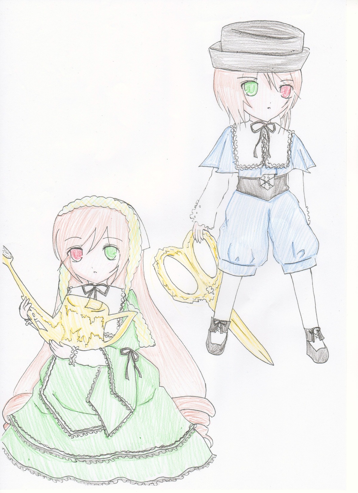 2girls dress frills full_body green_dress green_eyes hat head_scarf heterochromia image long_sleeves looking_at_viewer multiple_girls neck_ribbon pair pantyhose red_eyes ribbon scissors short_hair siblings souseiseki suiseiseki twins watering_can