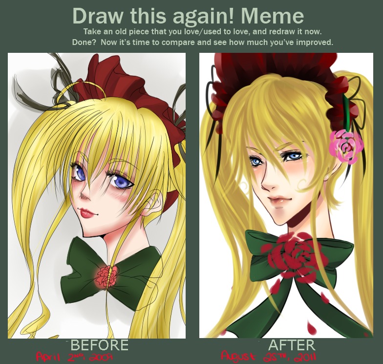 1girl blonde_hair blue_eyes blush bonnet bow bowtie character_name english_text flower green_bow green_neckwear hair_ribbon image long_hair looking_at_viewer multiple_views portrait shinku simple_background solo twintails