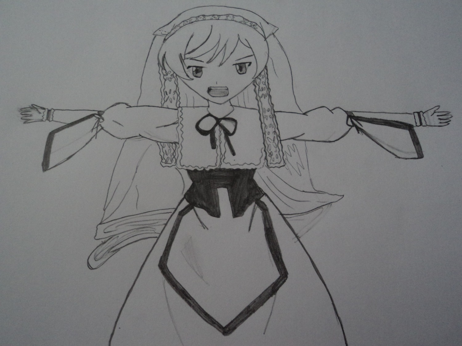 1girl braid dress frills greyscale image long_hair long_sleeves looking_at_viewer monochrome open_mouth ribbon simple_background solo suiseiseki traditional_media