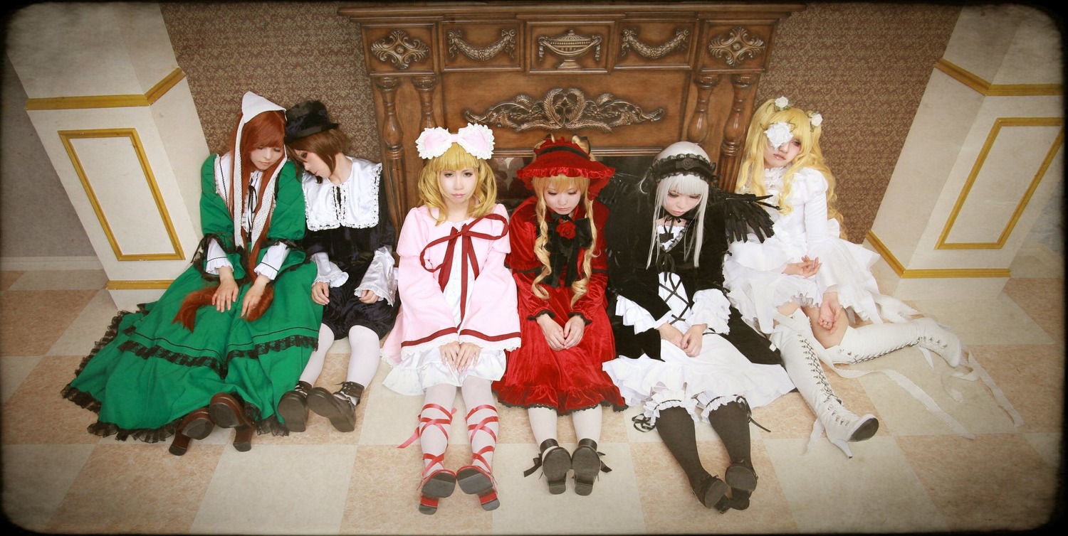 6+girls apron bangs black_hair blonde_hair boots bow brown_hair bunny_ears checkered checkered_floor closed_eyes dress hat head_scarf long_hair long_sleeves maid multiple_cosplay multiple_girls pantyhose ribbon shoes short_hair sitting tagme