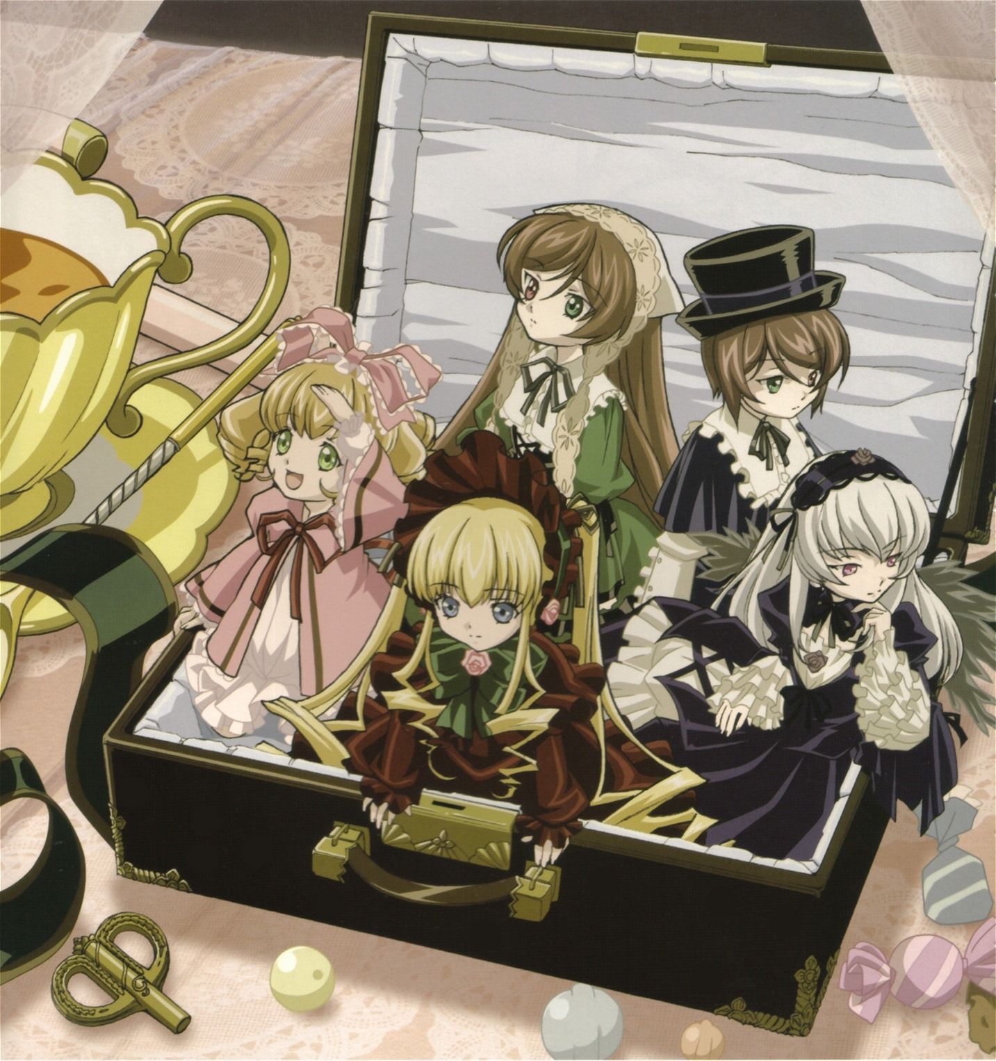 blonde_hair blue_eyes bow brown_hair cup dress frills green_dress green_eyes hat head_scarf heterochromia hina_ichigo in_container long_hair long_sleeves looking_at_viewer multiple_girls pink_bow shinku silver_hair souseiseki suigintou suiseiseki top_hat twintails very_long_hair wings