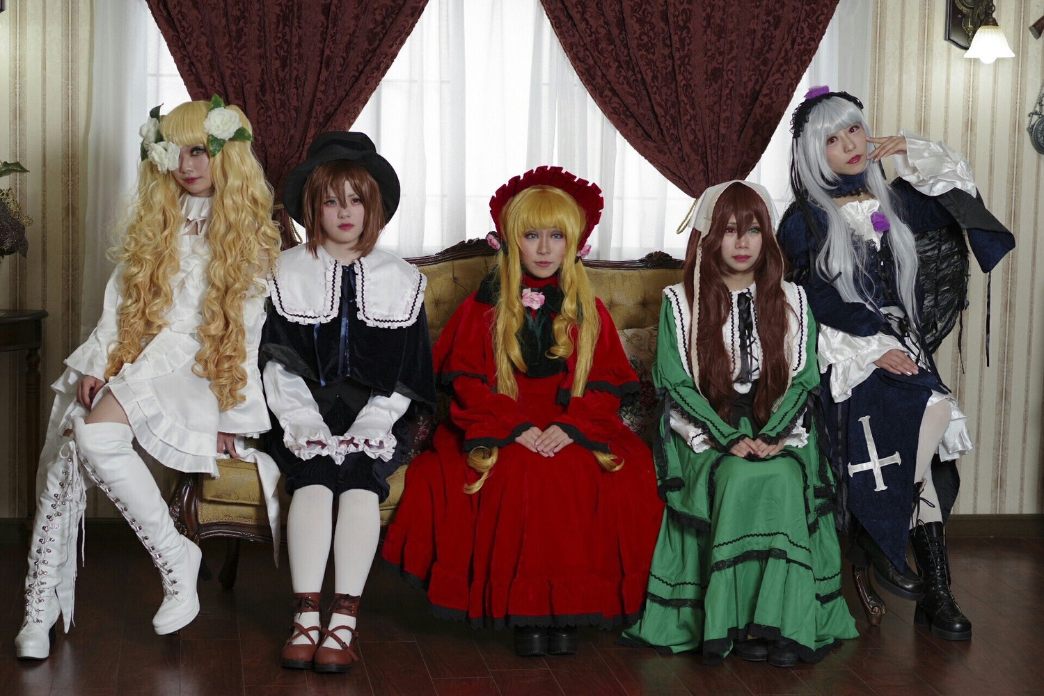 5girls 6+girls blonde_hair boots brown_hair curtains dress hair_ornament hat hina_ichigo long_hair multiple_cosplay multiple_girls pantyhose shinku silver_hair souseiseki suigintou suiseiseki tagme