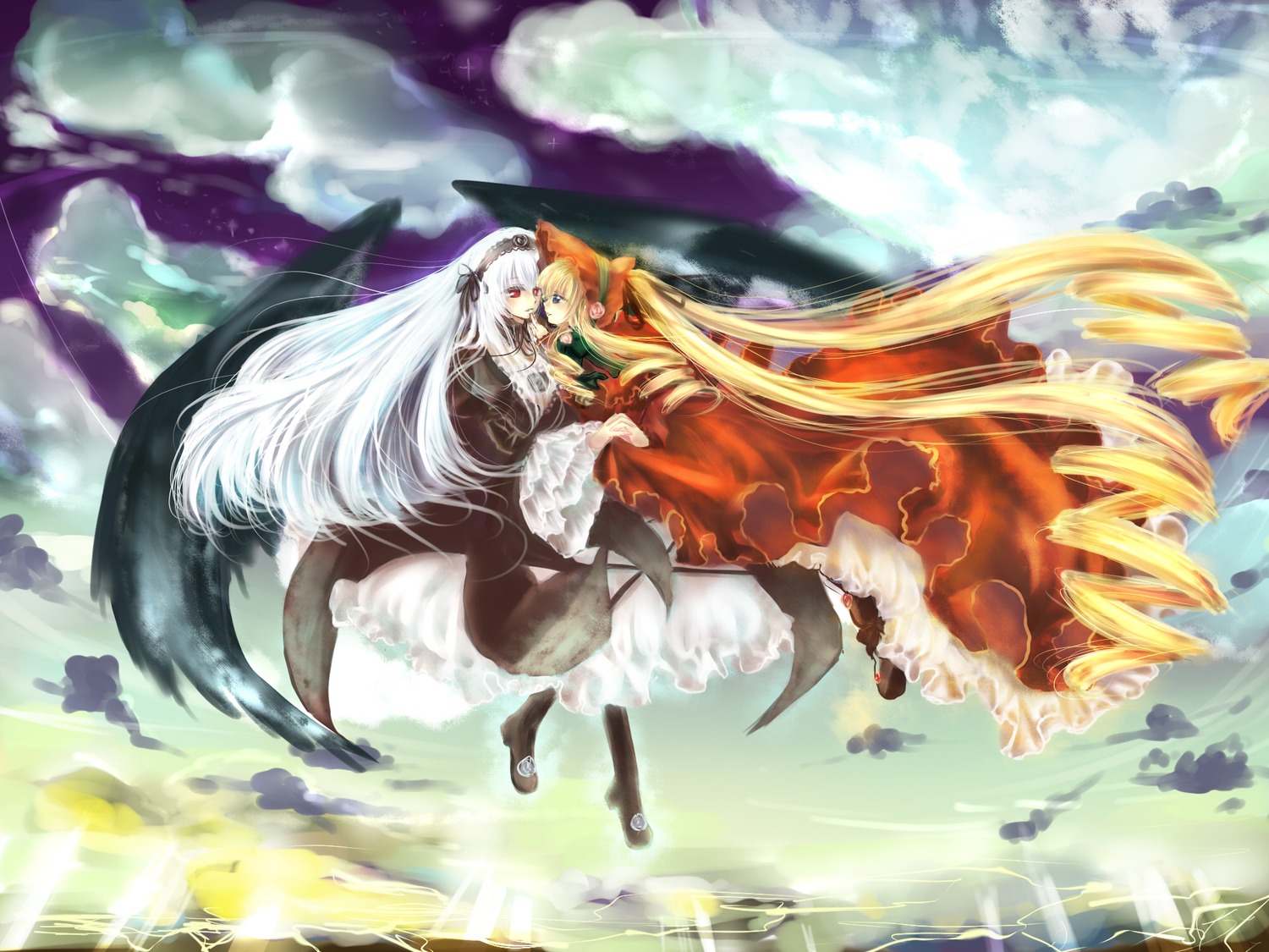 2girls blonde_hair blue_eyes bonnet choker cloud commentary_request curly_hair dress drill_hair eye_contact flower flying frills gothic_lolita hair_ornament hairband highres image lolita_fashion lolita_hairband long_hair looking_at_another midair multiple_girls pair red_eyes rose rozen_maiden shinku silver_hair suigintou twintails very_long_hair water waves white_hair wings yuki_hikari yuri