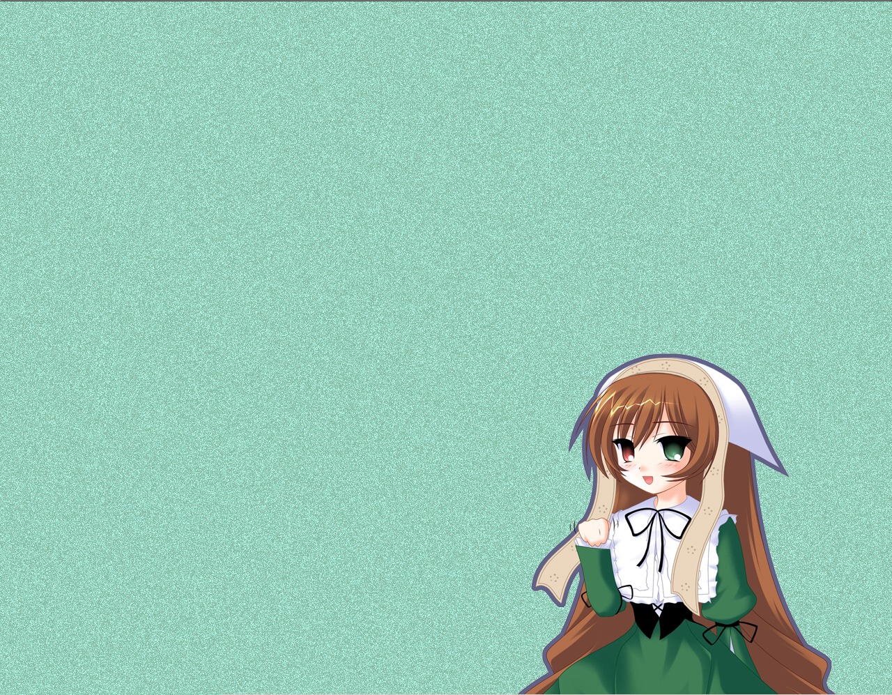 1girl brown_hair dress green_dress green_eyes head_scarf heterochromia image long_hair long_sleeves looking_at_viewer red_eyes simple_background solo suiseiseki tongue tongue_out very_long_hair