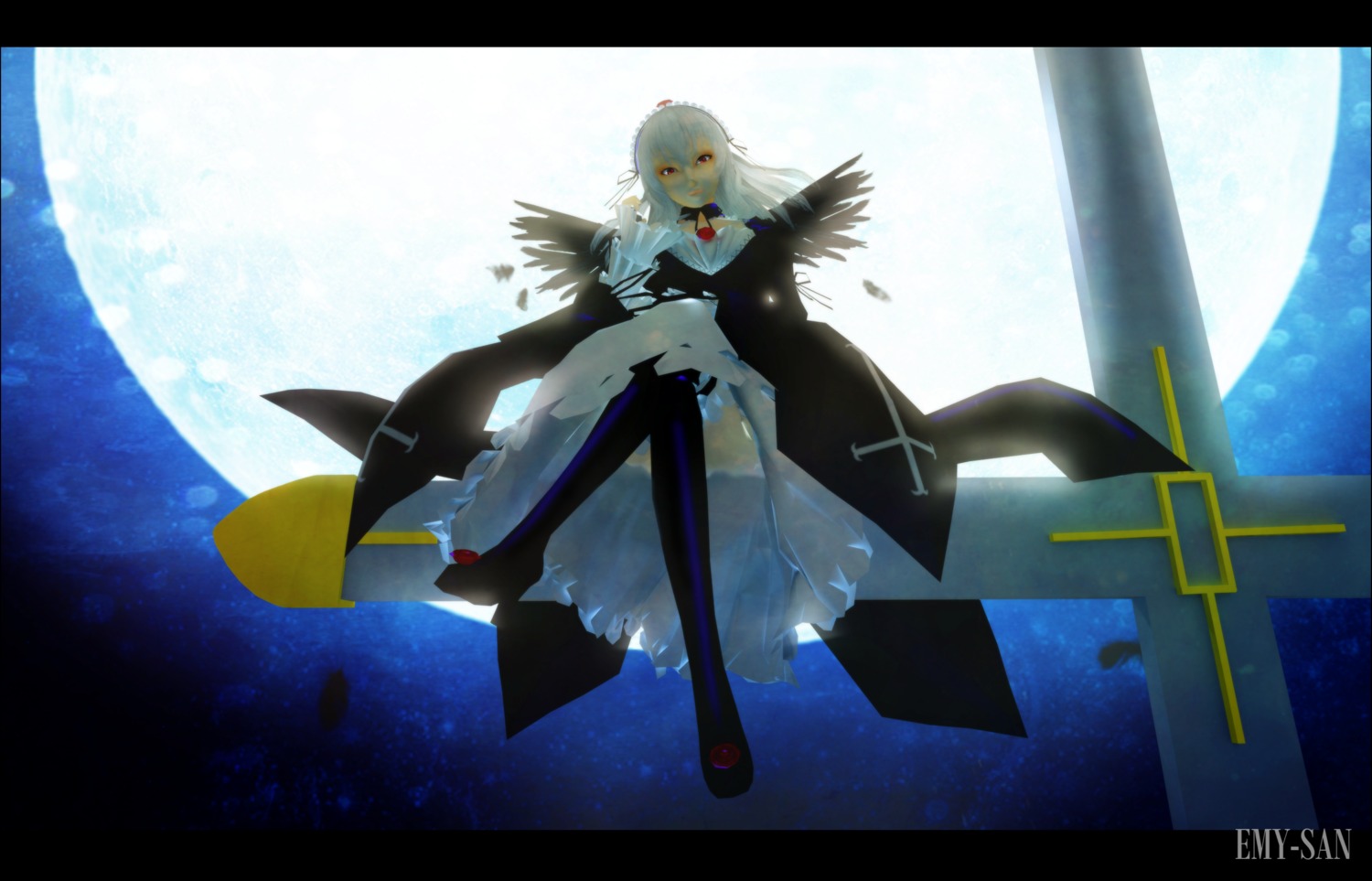 1girl dress full_moon image letterboxed long_hair looking_at_viewer moon night sitting sky solo suigintou thighhighs white_hair wings