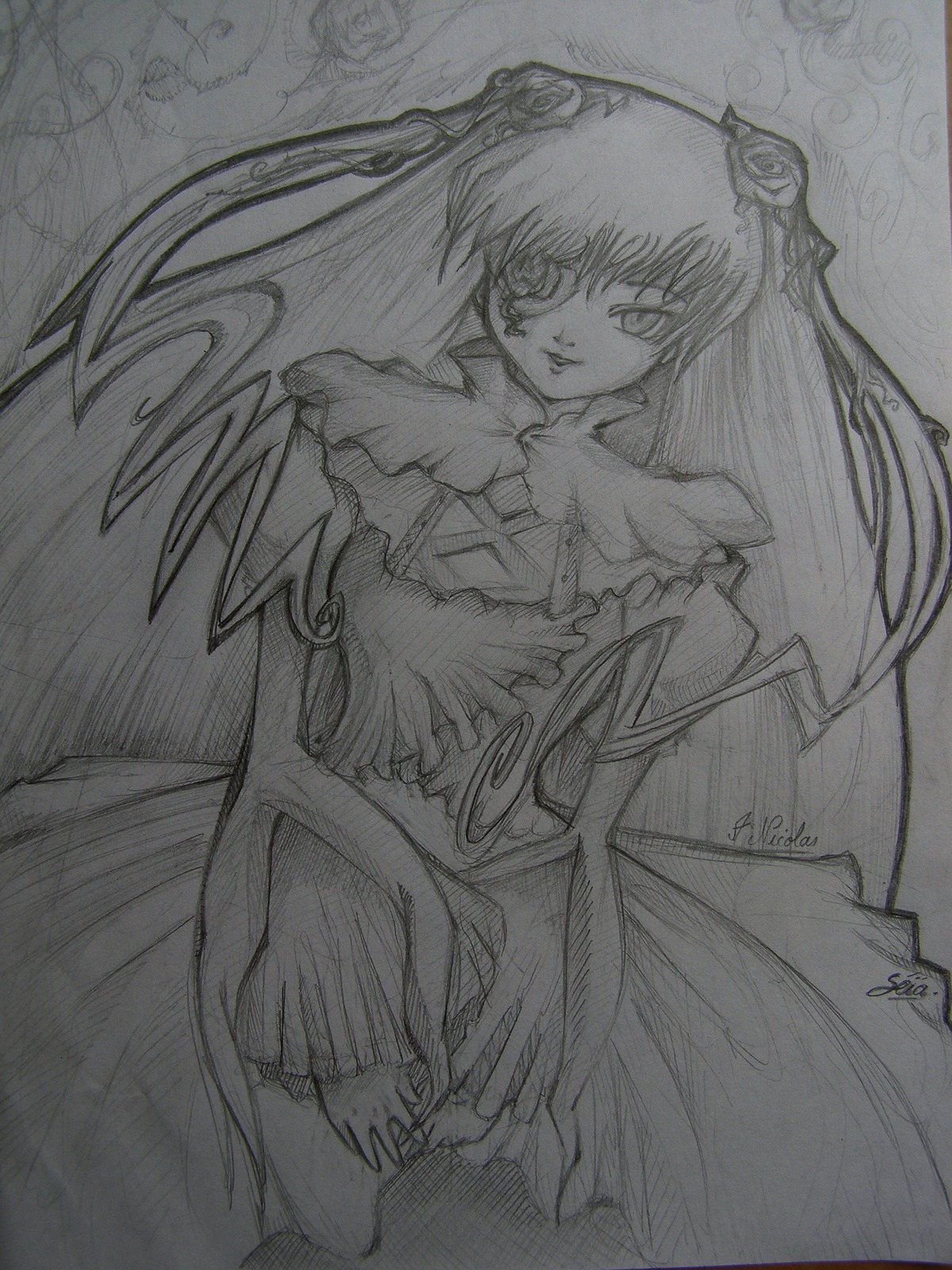 1girl auto_tagged dress flower frills greyscale hair_ornament image kirakishou long_hair long_sleeves looking_at_viewer monochrome rose shinku solo suigintou traditional_media very_long_hair