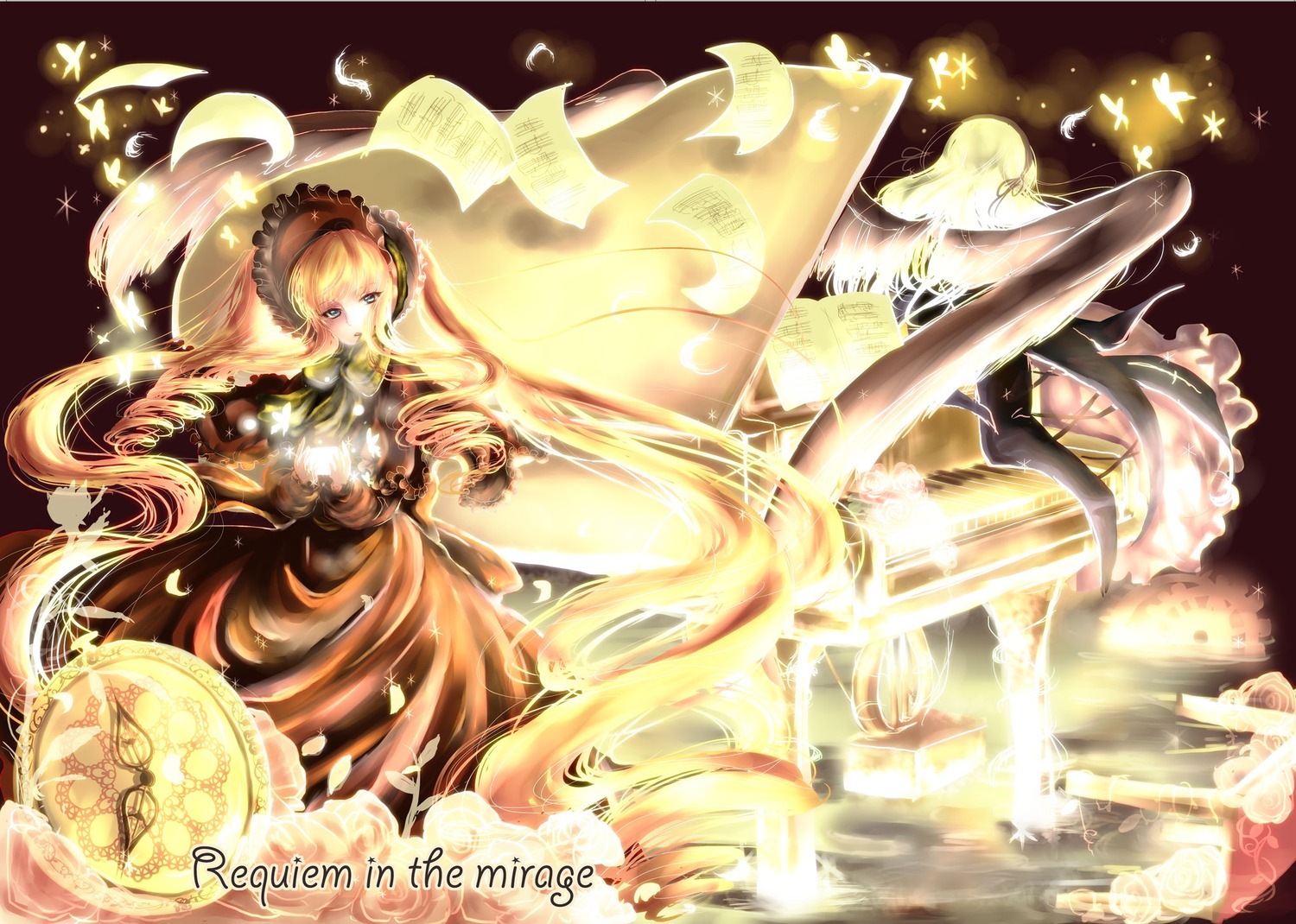 2girls blonde_hair blue_eyes bonnet bug butterfly commentary_request dress flower headdress highres image insect instrument long_hair multiple_girls pair petals piano piano_bench pink_flower pink_rose ringlets rose rozen_maiden shinku suigintou very_long_hair white_hair wings yuki_hikari