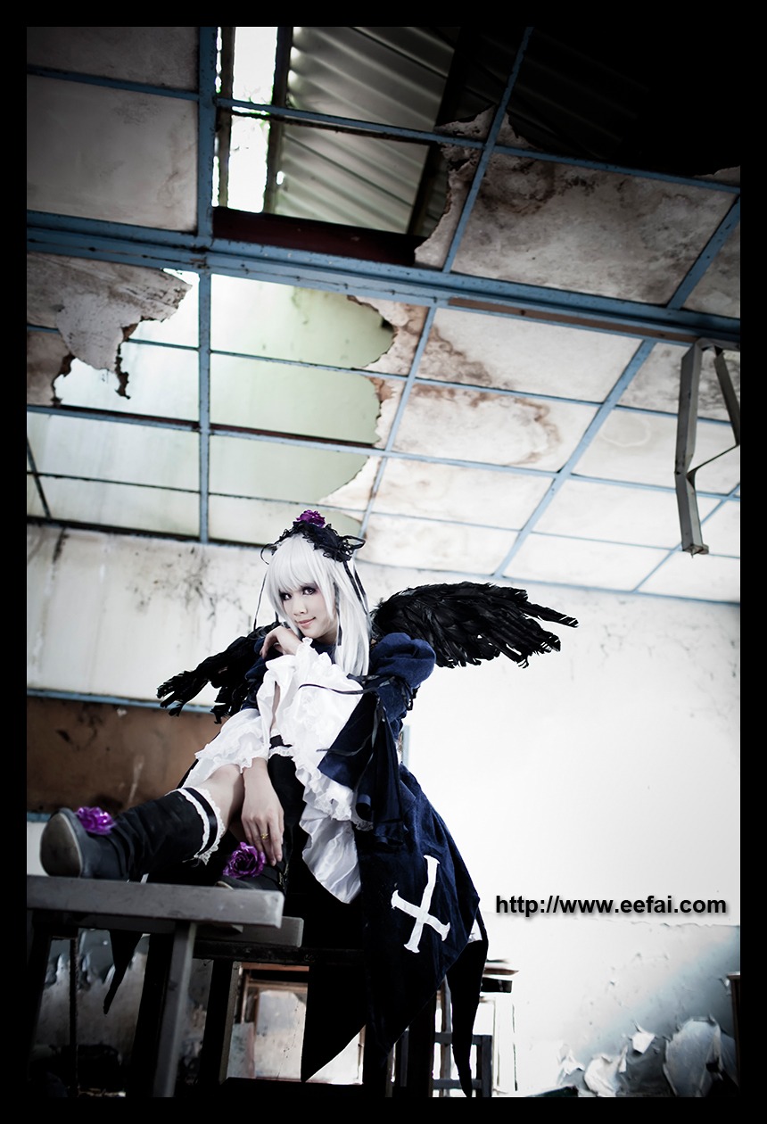 1girl black_border black_wings boots cross dress feathers letterboxed long_hair sitting solo suigintou window wings