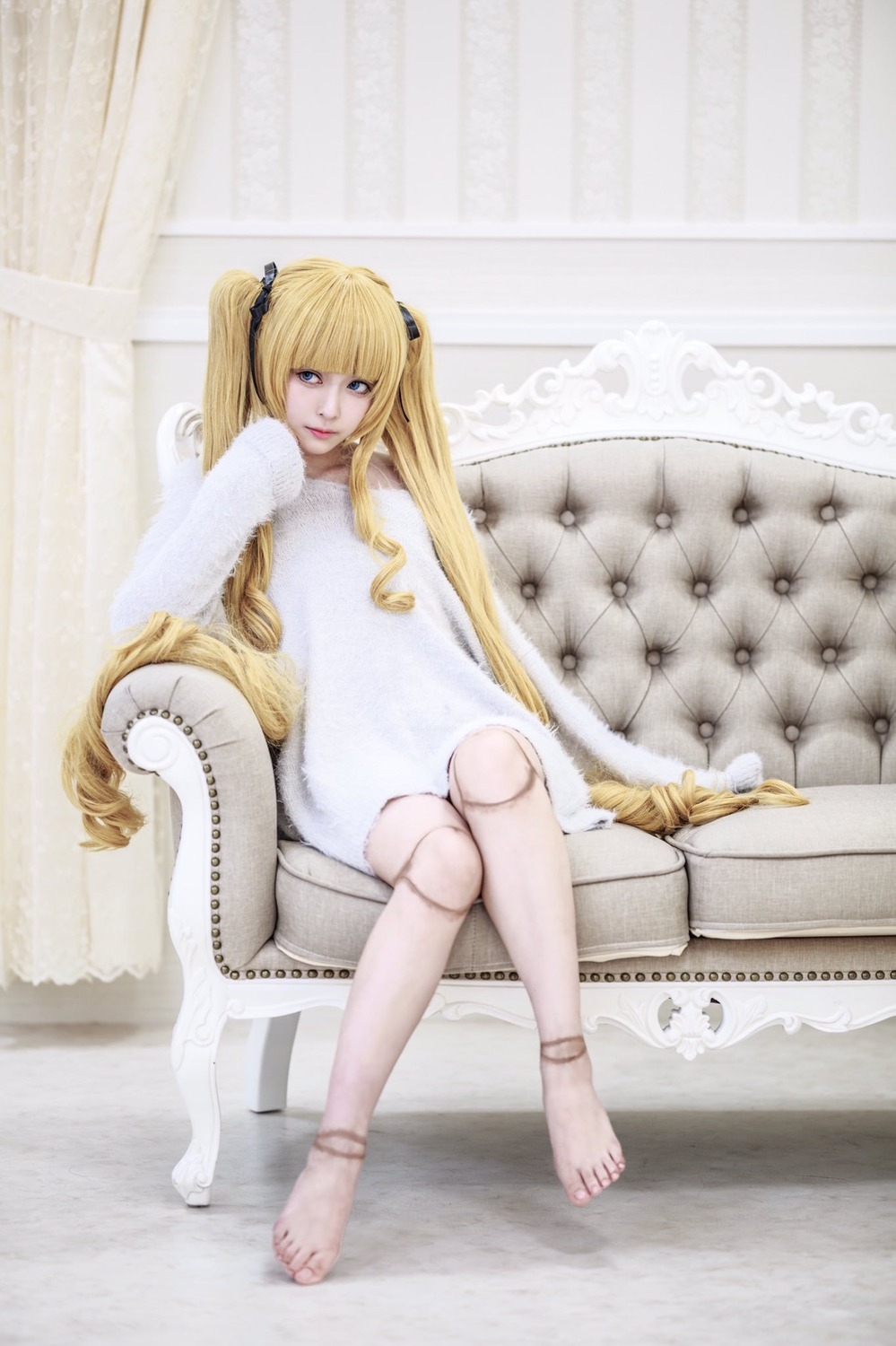 1girl anklet barefoot blonde_hair blue_eyes chair crossed_legs doll_joints dress feet joints lips long_hair shinku sitting solo toenail_polish twintails