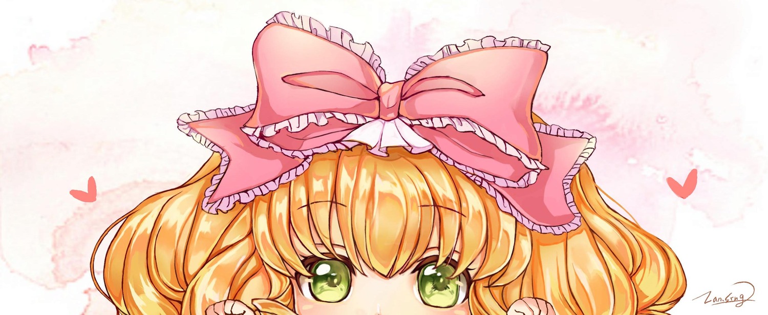 1girl blonde_hair bow eyebrows_visible_through_hair frills green_eyes hair_bow heart hina_ichigo hinaichigo image looking_at_viewer pink_bow signature solo