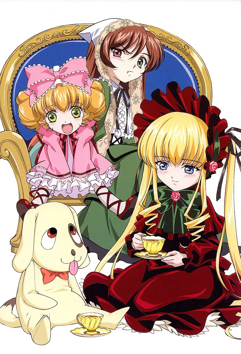 3girls :d :t blonde_hair blue_eyes bonnet bow bowtie brown_hair cup dress drill_hair eating food green_eyes hair_bow heterochromia hina_ichigo image long_hair long_sleeves multiple multiple_girls open_mouth pink_bow shinku sitting suiseiseki tagme tea teacup twintails very_long_hair yellow_eyes