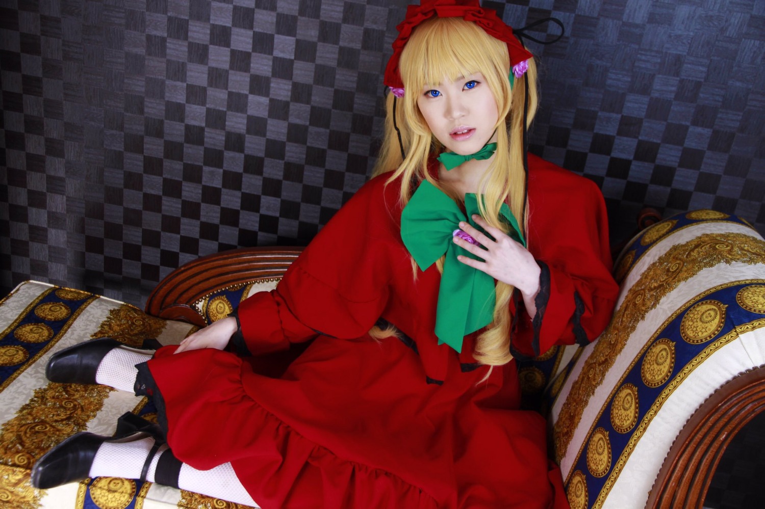 1girl argyle argyle_background argyle_legwear blonde_hair blue_eyes board_game checkered checkered_background checkered_floor checkered_skirt chess_piece dress flag flower lips long_hair perspective realistic ribbon rose shinku sitting solo tile_floor tiles