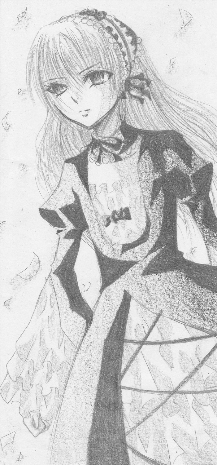 1girl bird dress feathers flower frills greyscale hairband image long_hair long_sleeves looking_at_viewer monochrome petals rose solo suigintou traditional_media