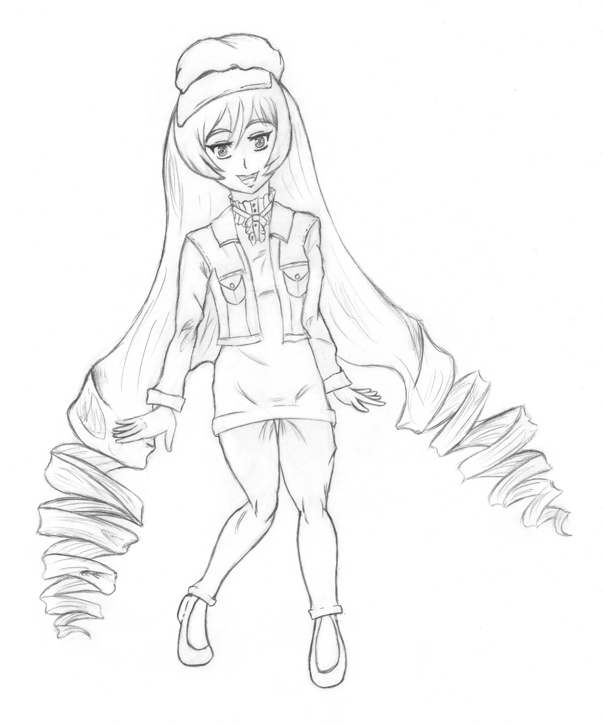 1girl :d curly_hair dress drill_hair full_body greyscale hat image lineart long_hair long_sleeves looking_at_viewer monochrome open_mouth ringlets shoes smile solo standing suiseiseki twin_drills very_long_hair white_background