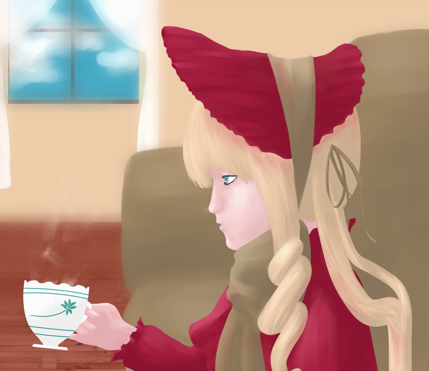 1girl auto_tagged bangs blonde_hair blue_eyes cup drill_hair holding image long_hair long_sleeves profile red_dress shinku solo teacup upper_body window
