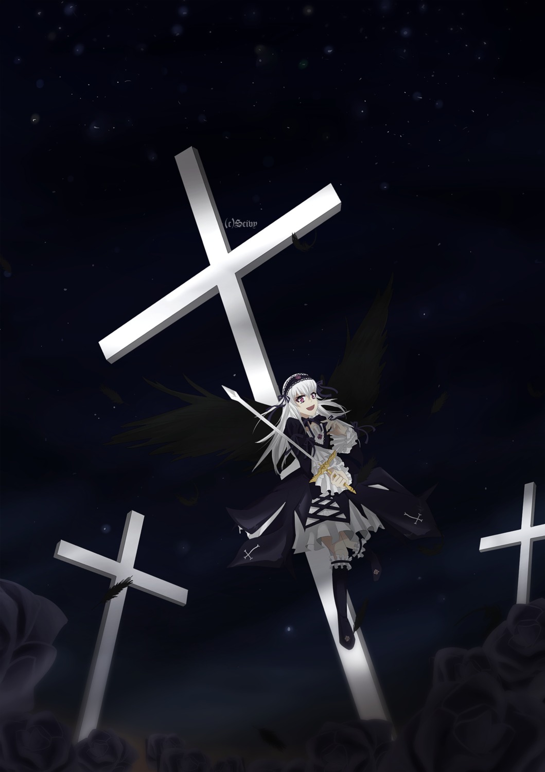 1girl black_wings cross dress flower image long_hair night night_sky red_eyes rose sky solo star_(sky) starry_sky suigintou thighhighs white_flower white_legwear white_rose wings