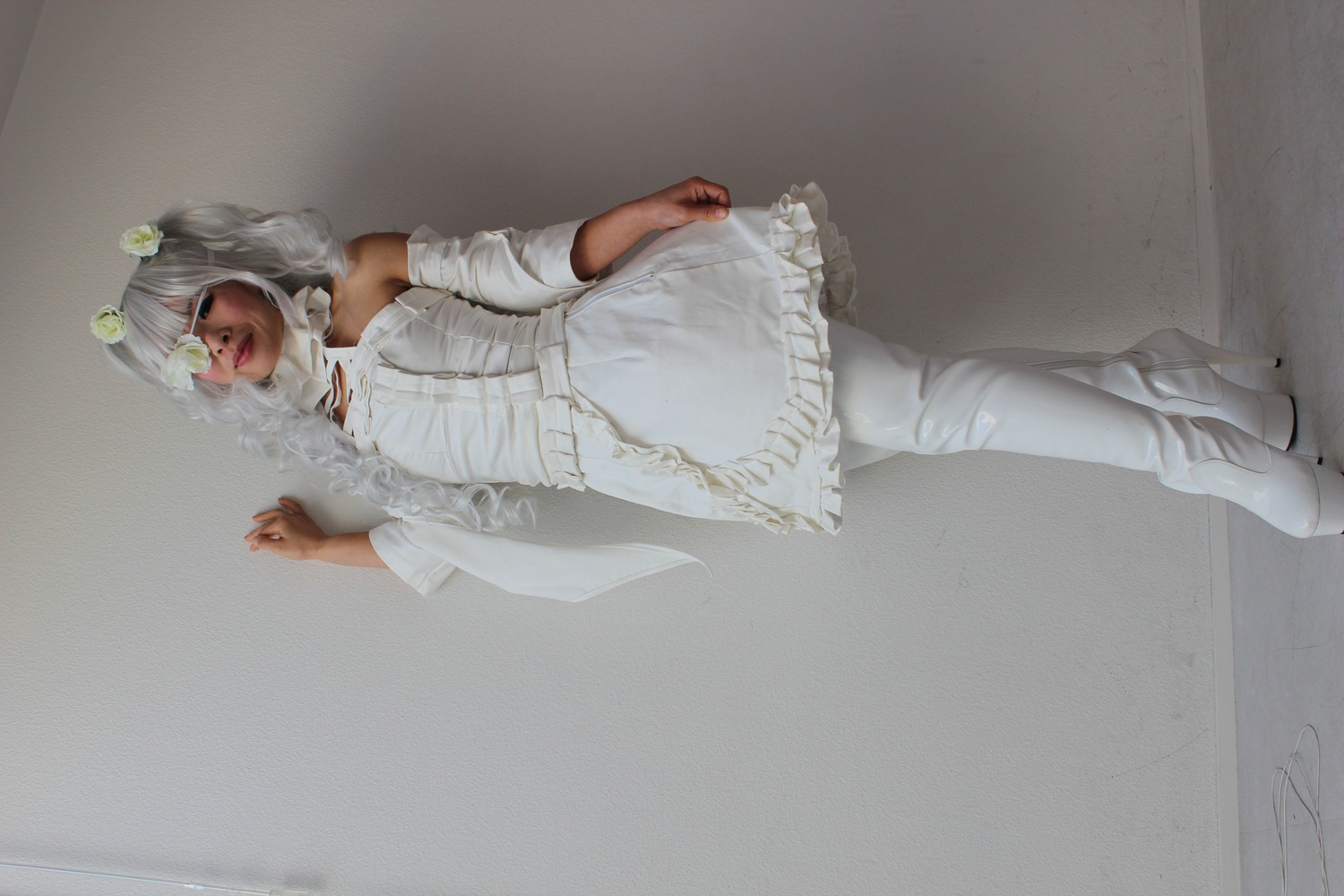1girl boots dark_skin detached_sleeves dress flower frills full_body hair_ornament kirakishou lips photo solo standing white_dress white_flower white_footwear white_legwear