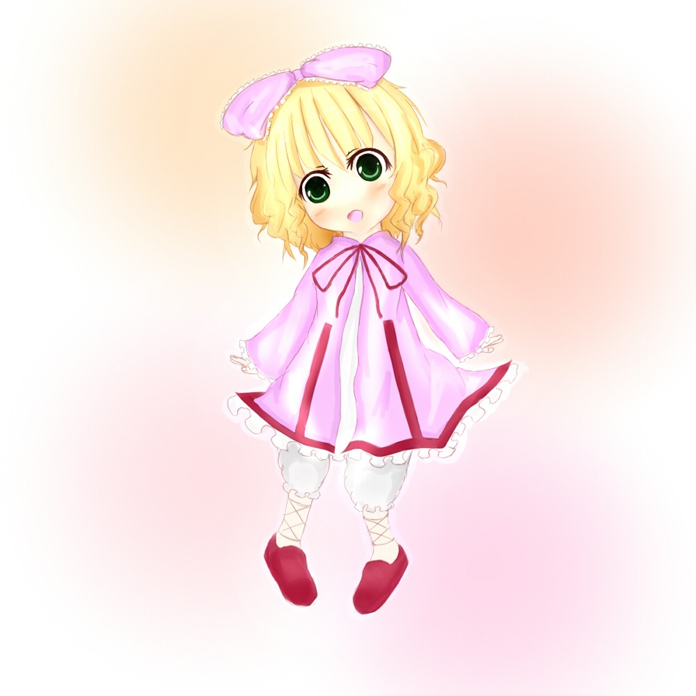 1girl :o blonde_hair bloomers blush bow dress full_body green_eyes hina_ichigo hinaichigo image long_sleeves looking_at_viewer open_mouth pink_bow pink_dress red_footwear ribbon shoes short_hair solo standing striped underwear white_bloomers