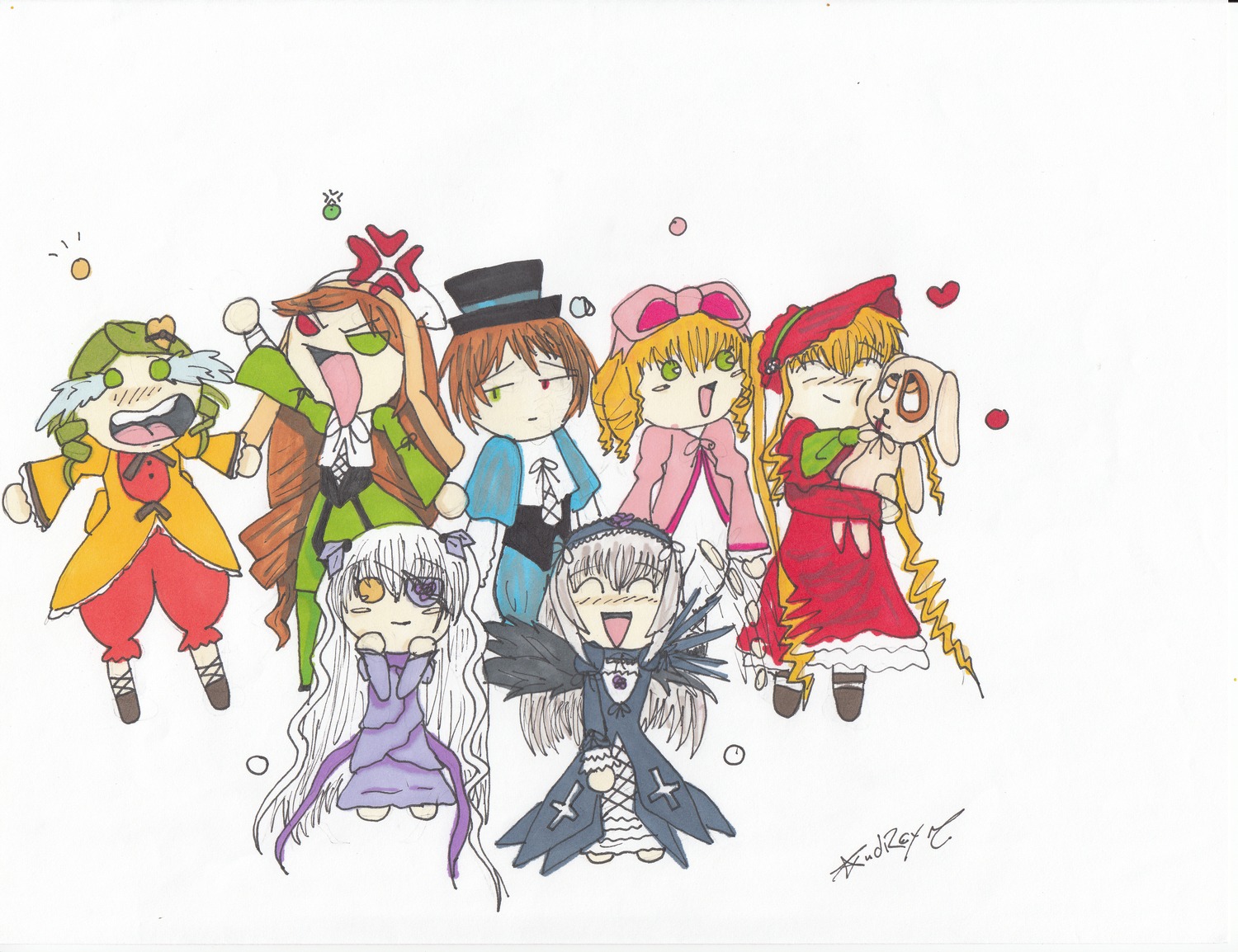 6+girls anger_vein auto_tagged blonde_hair bow brown_hair closed_eyes dress drill_hair eyepatch green_eyes hat heart hina_ichigo image kanaria multiple multiple_girls pink_bow pink_dress shinku short_hair silver_hair striped suigintou suiseiseki tagme top_hat wings