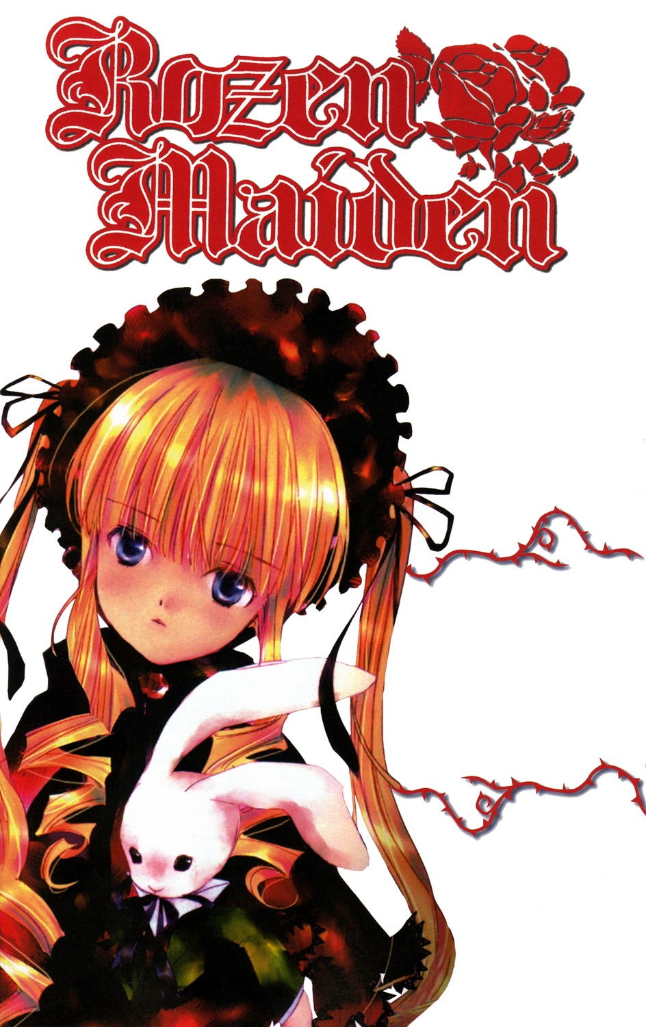 1girl blonde_hair blue_eyes dress drill_hair flower image long_hair looking_at_viewer red_flower rose shinku simple_background solo stuffed_animal twin_drills twintails upper_body white_background