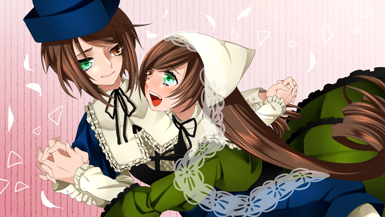 2girls brown_hair dress green_dress green_eyes hat head_scarf heterochromia holding_hands image long_hair multiple_girls open_mouth pair red_eyes ribbon short_hair siblings sisters smile souseiseki suiseiseki twins very_long_hair