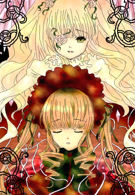 2girls blonde_hair closed_eyes dress drill_hair flower image kirakishou long_hair looking_at_viewer multiple_girls pair rose rotational_symmetry shinku thorns twintails vines