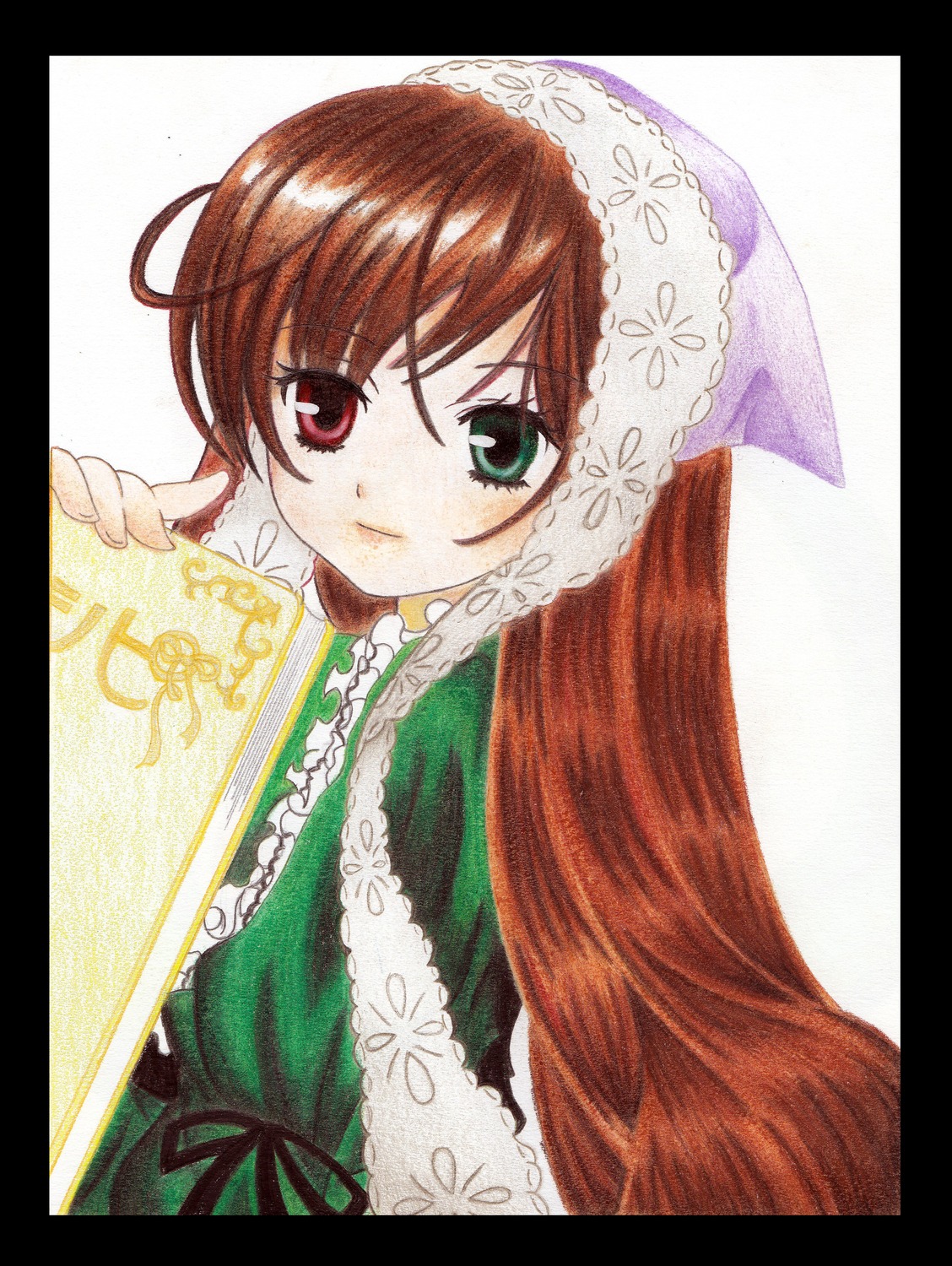 1girl black_border brown_hair dress frills green_dress green_eyes hat head_scarf heterochromia image letterboxed long_hair long_sleeves looking_at_viewer pillarboxed red_eyes simple_background solo suiseiseki very_long_hair white_background