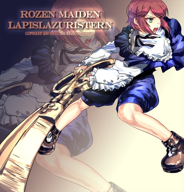 1boy apron green_eyes image long_sleeves maid red_hair short_hair solo souseiseki