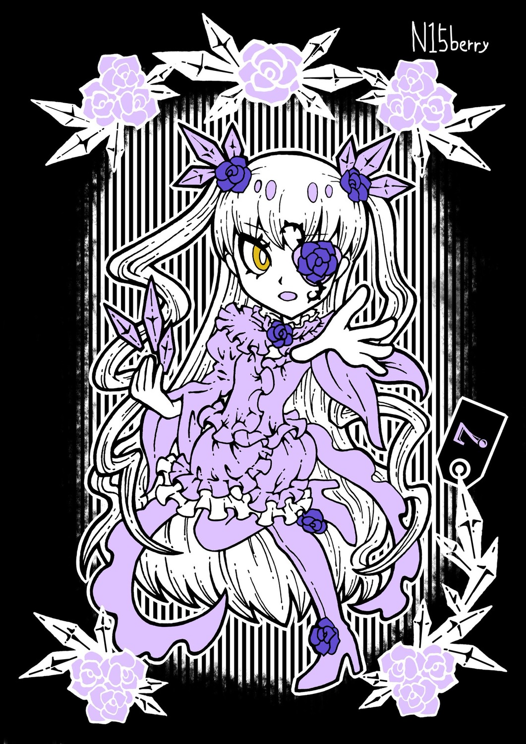1girl barasuishou blue_flower dress flower hair_flower hair_ornament image long_hair open_mouth purple_flower purple_rose rose solo standing thighhighs transparent_background two_side_up yellow_eyes