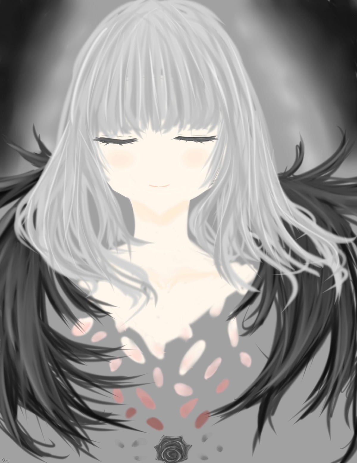 1girl bangs blush closed_eyes closed_mouth eyebrows_visible_through_hair facing_viewer flower grey_background grey_hair image long_hair rose smile solo suigintou