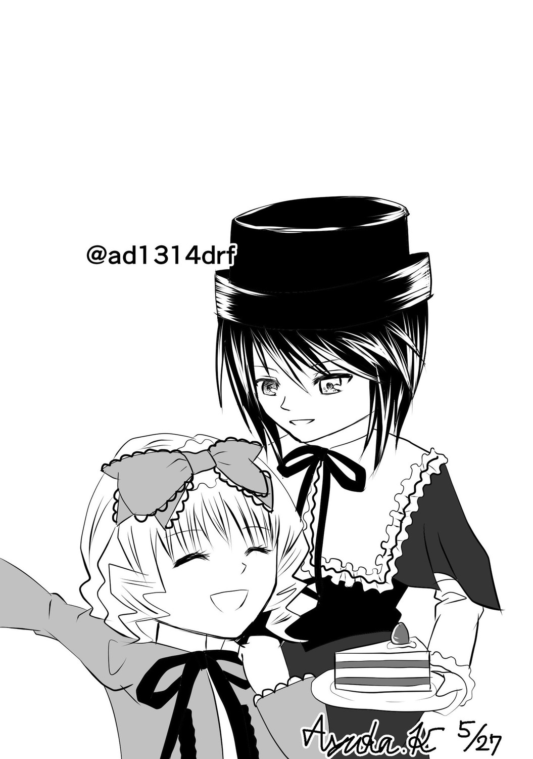 2girls blush bow cake closed_eyes dress food greyscale hat hinaichigo image long_sleeves monochrome multiple_girls pair ribbon short_hair smile souseiseki striped top_hat