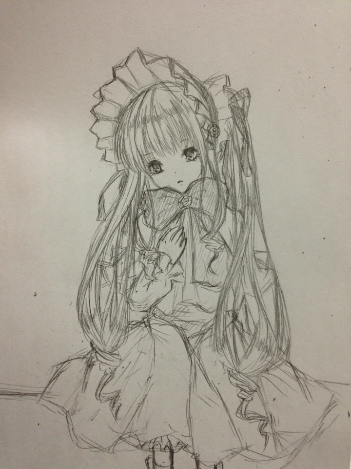 1girl apron blush dress eyebrows_visible_through_hair graphite_(medium) greyscale image long_hair long_sleeves looking_at_viewer monochrome photo shinku sketch solo traditional_media very_long_hair