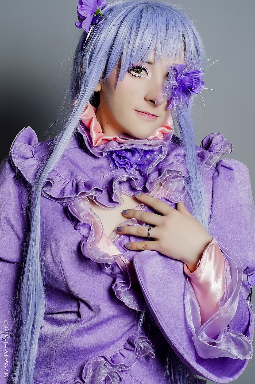 1girl barasuishou dress eyepatch fingernails flower hair_flower hair_ornament lips long_hair looking_at_viewer nail_polish purple_nails silver_hair solo upper_body yellow_eyes