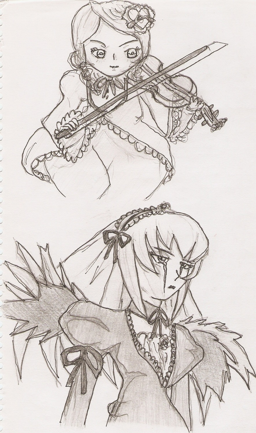 2girls dress frills greyscale image kanaria long_hair long_sleeves looking_at_viewer monochrome multiple_girls pair ribbon simple_background suigintou traditional_media upper_body white_background wings