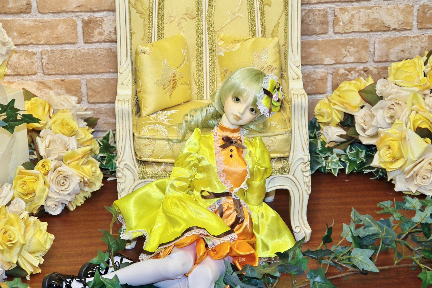 1girl blonde_hair bouquet choker doll dress flower frills green_flower hair_ornament kanaria orange_flower pink_rose rose sitting solo thighhighs white_flower white_legwear white_rose yellow_dress yellow_flower yellow_rose