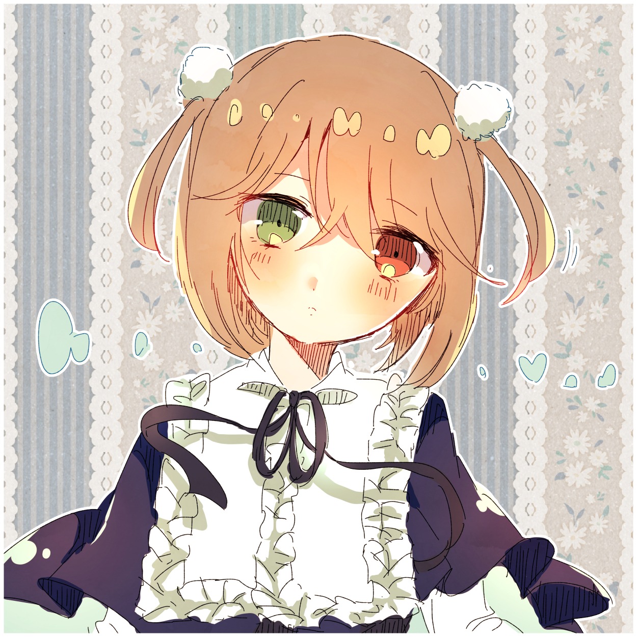 1girl bangs blush brown_hair eyebrows_visible_through_hair green_eyes hair_ornament heart image long_sleeves looking_at_viewer solo souseiseki striped striped_background upper_body vertical_stripes virtual_youtuber