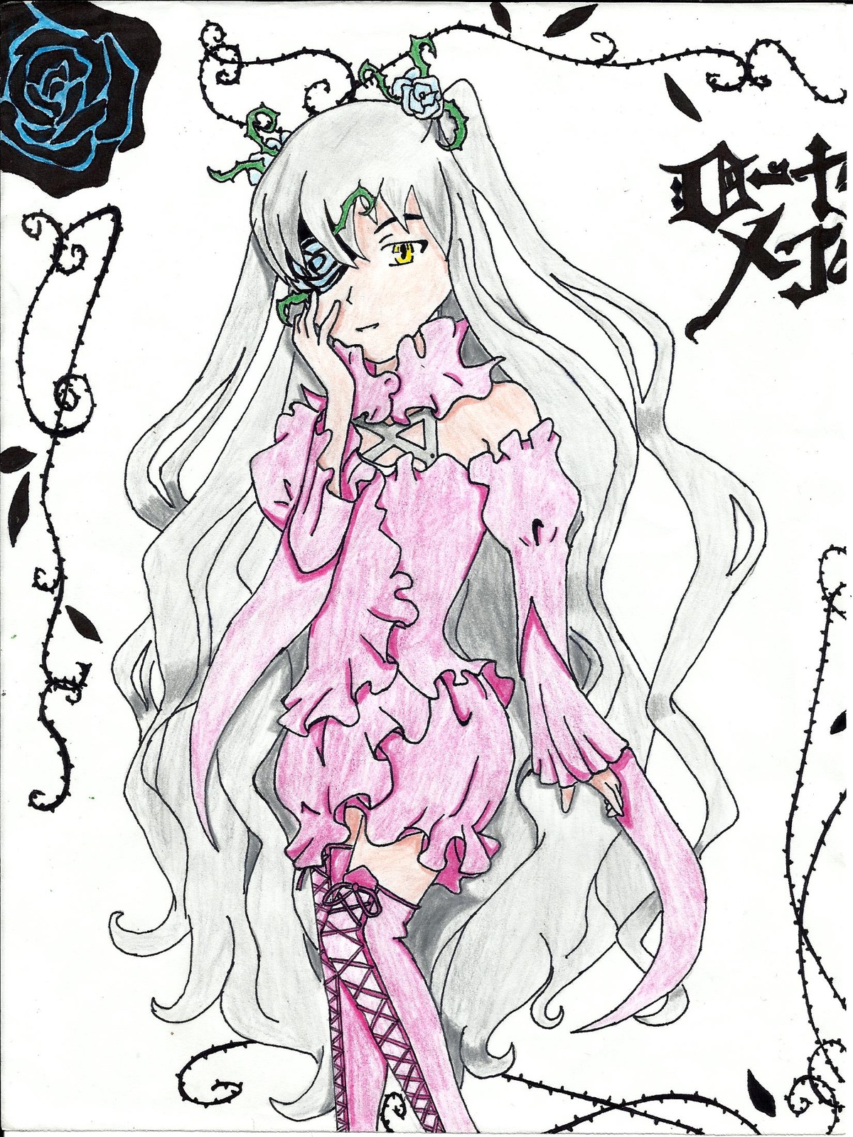 1girl bare_shoulders boots dress flower hair_ornament image kirakishou long_hair pink_legwear rose solo thigh_boots thighhighs traditional_media very_long_hair yellow_eyes