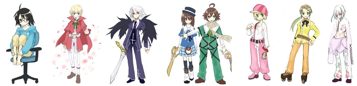 4girls 6+boys ahoge black_hair blonde_hair brown_hair glasses gloves green_eyes green_hair hat image long_hair multiple multiple_boys multiple_girls pants pantyhose short_hair tagme weapon white_hair