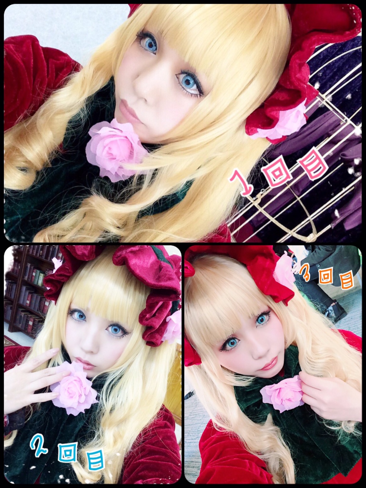 1girl blonde_hair blue_eyes bow flower letterboxed lips long_hair looking_at_viewer pink_flower pink_rose rose shinku solo