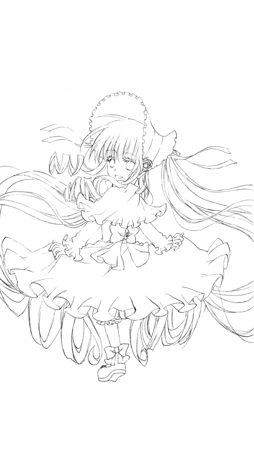1girl bow dress full_body greyscale hat image lineart long_hair monochrome shinku solo striped twintails very_long_hair