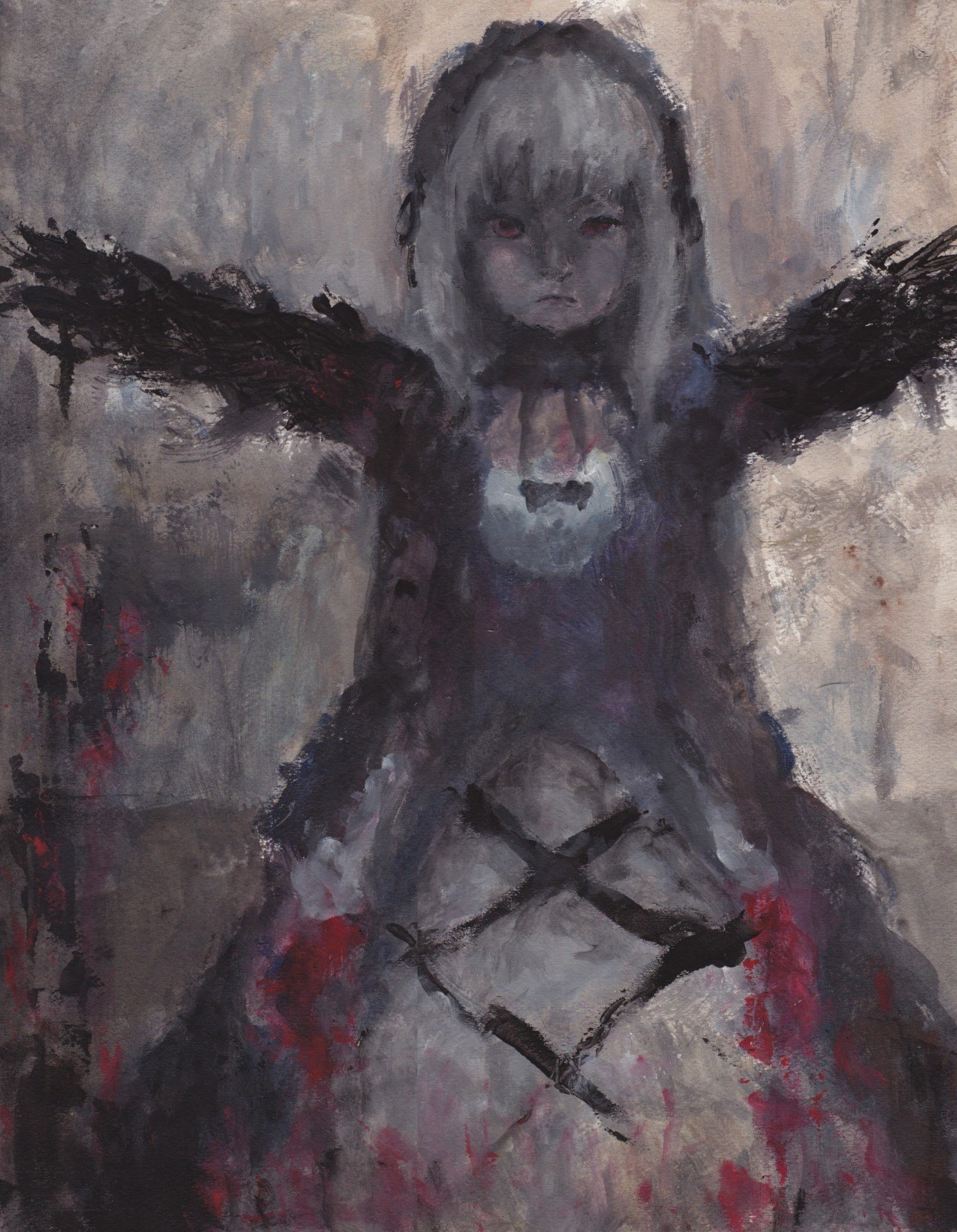 1girl black_dress closed_mouth dress image looking_at_viewer red_eyes solo suigintou weapon wings