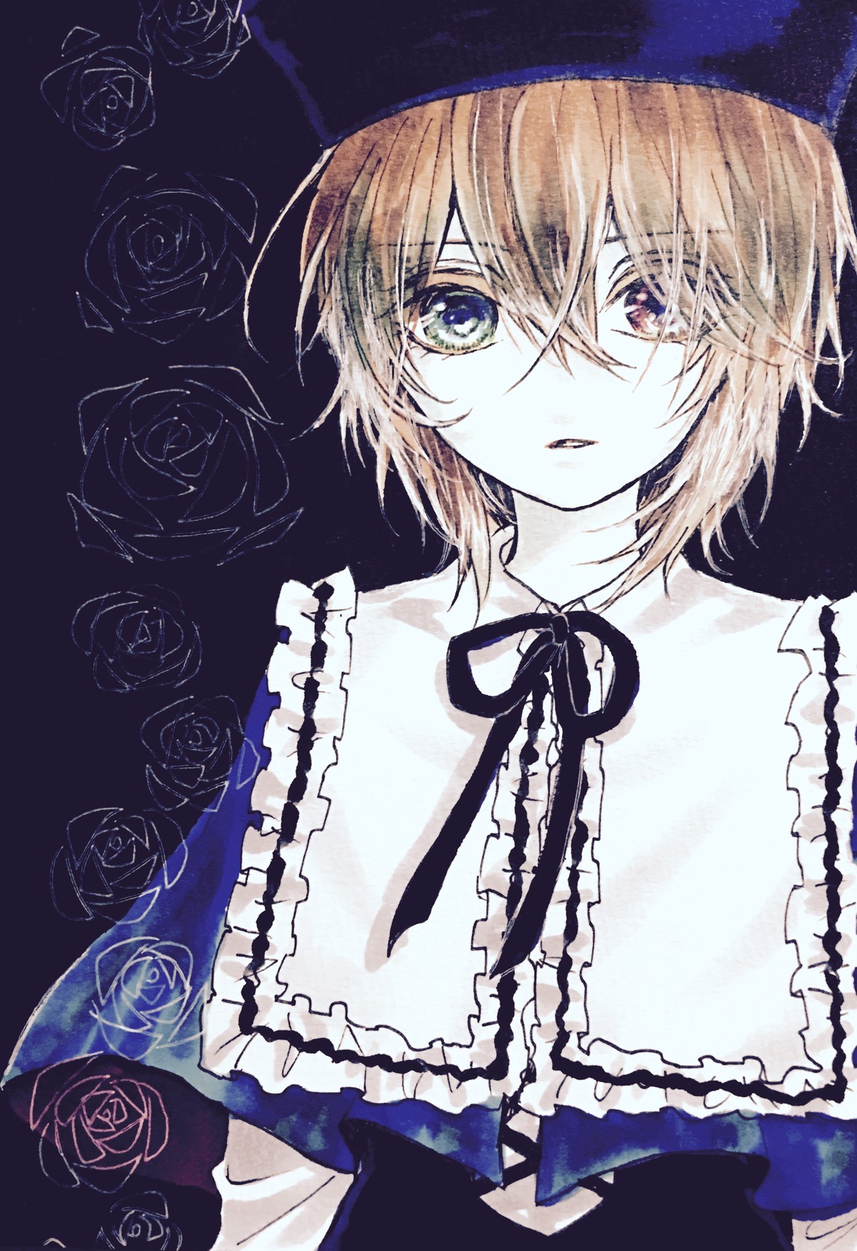 1girl black_headwear blue_eyes blue_flower blue_rose eyebrows_visible_through_hair floral_background flower frills hair_between_eyes hat image looking_at_viewer parted_lips purple_rose red_flower red_rose ribbon rose short_hair solo souseiseki upper_body white_rose