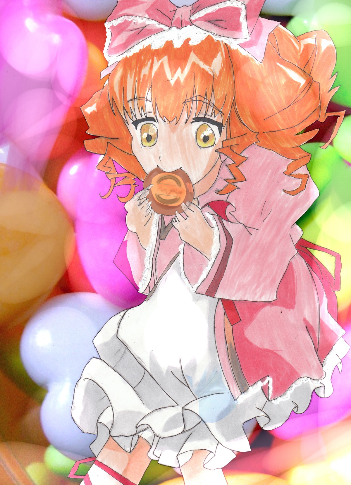 1girl bow candy dress drill_hair food frills hair_bow hinaichigo image long_sleeves looking_at_viewer orange_hair pink_bow pink_dress smile solo yellow_eyes
