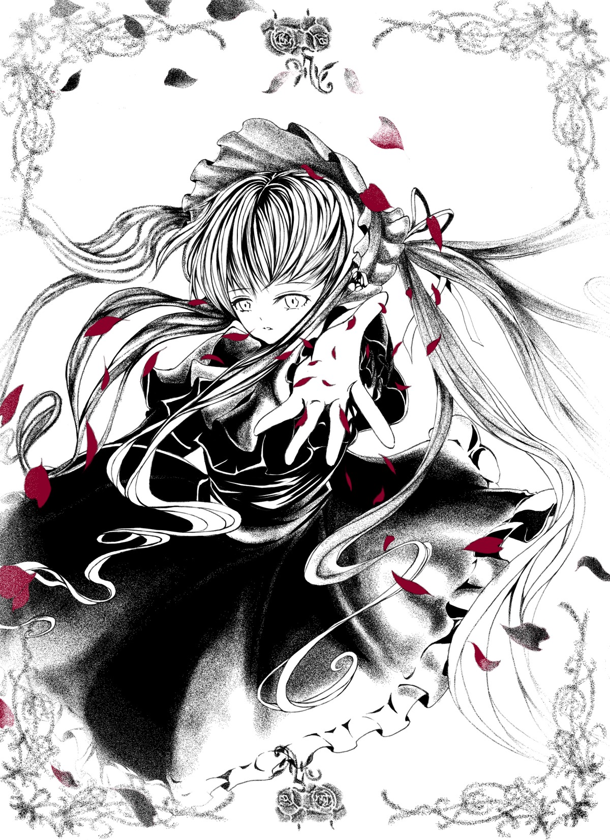 1girl dress flower fujiwara_no_mokou greyscale hair_ribbon image long_hair monochrome outstretched_arm outstretched_hand petals ribbon shinku solo twintails very_long_hair