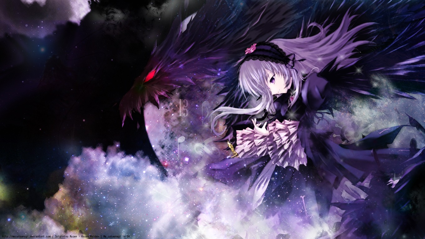 1girl dress flower frills hairband image long_hair night purple_eyes ribbon sky solo space star_(sky) starry_sky suigintou very_long_hair wings