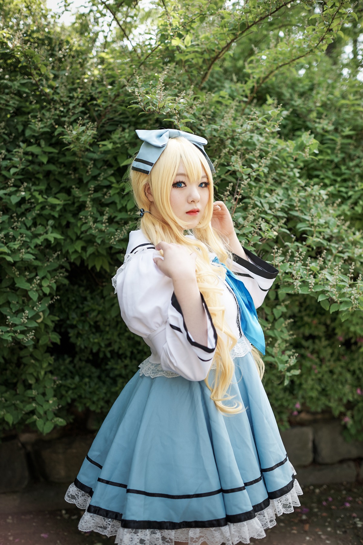 1girl 3d blonde_hair blue_eyes bush dress lips outdoors shinku skirt solo standing tree