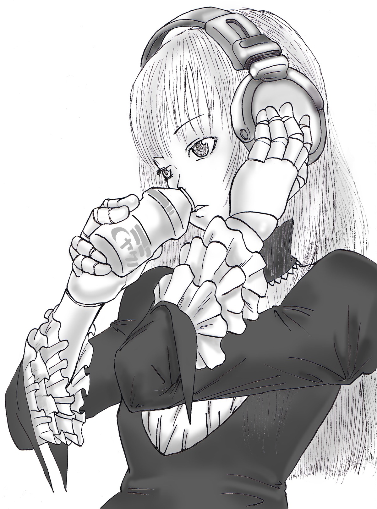 1girl bottle bow drinking frills greyscale image long_sleeves monochrome solo suigintou upper_body