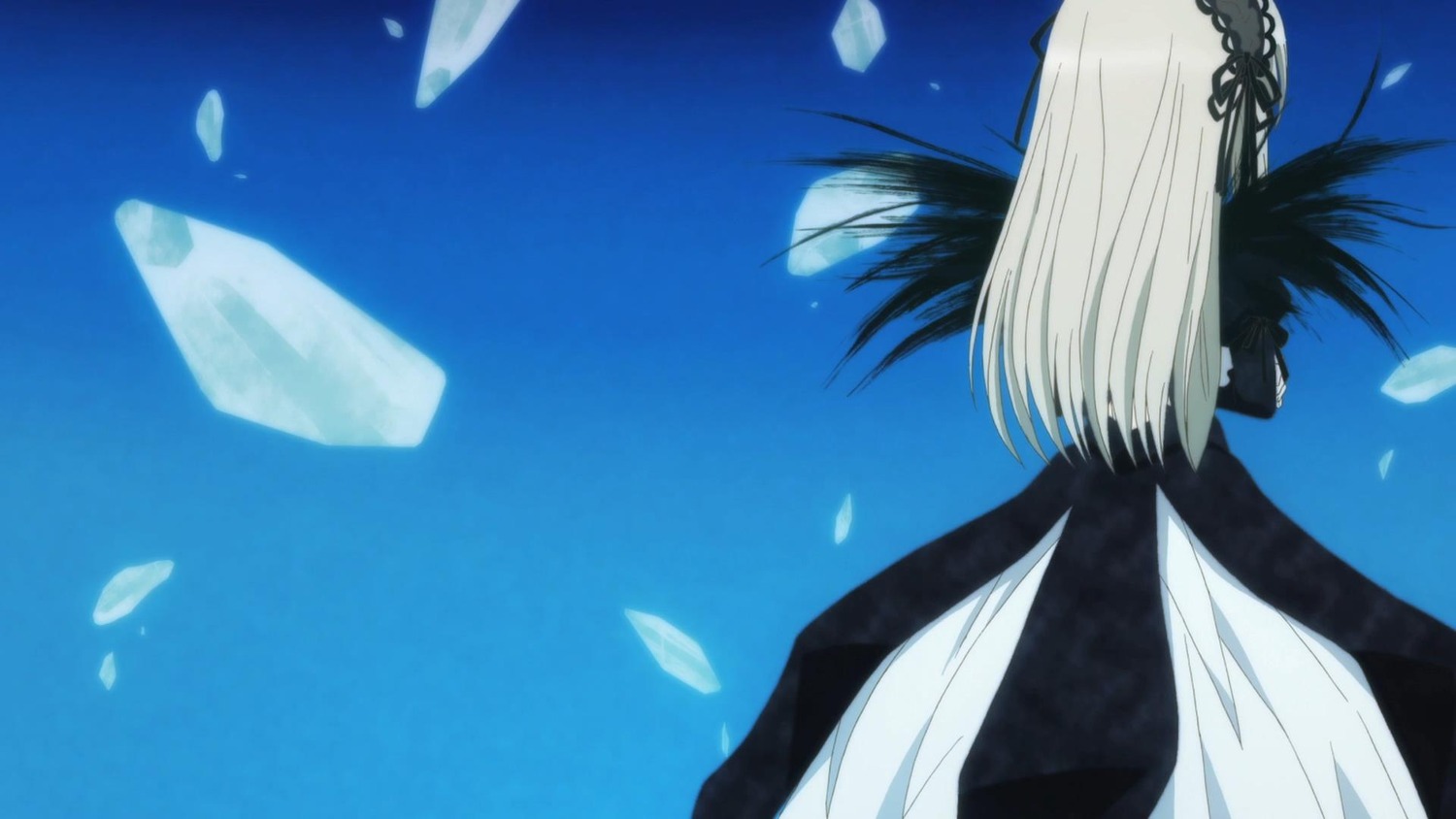 1girl black_dress black_ribbon black_wings dress feathers floating_hair hairband image long_hair long_sleeves ribbon sky solo standing suigintou white_hair wings